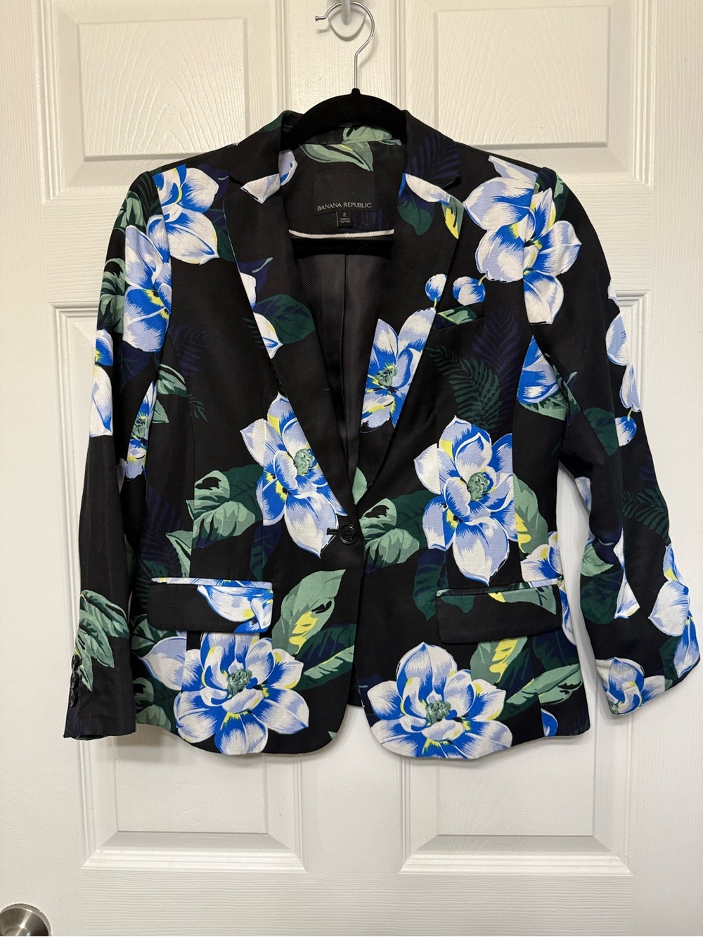Banana Republic Black Blazer with Blue & Green Floral Print - Size 2